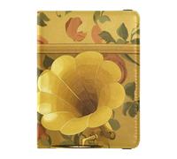 Porte-passeport décoratif en cuir jaune rétro années 90 avec fente pour carte de vaccination étanche, Gramophone rétro des années 90 Jaune, 1 size