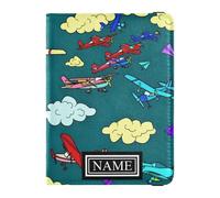 Porte-passeport en cuir avec nom personnalisé - Portefeuille sécurisé caché pour argent et cartes - Accessoires indispensables pour les voyages - Avions de dessin animé dans un ciel bleu sarcelle