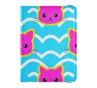 Porte-passeport en cuir magenta avec motif vague de dessin animé chat mignon pour voyage portefeuille combo porte-cartes étui de passeport pour homme léger, Motif vague chat magenta, 1 size