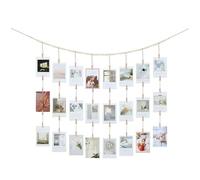 Porte Photo Mural avec Longue Guirlande en Perles de Bois 140 cm, Support Décoratif avec 28 Clips en Bois Double Face, Accroche Murale pour Affiches, Images, Cartes Postales, Décoration Intérieure