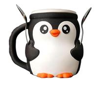 Porte-pinte de glace Pingouin mignon, impression 3D Pebbles The Penguin, contenants de glace Pingouin avec poignée antigel et deux cuillères, manchon anti-fuite pour canette de bière (Black)