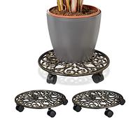 Porte-Plantes à roulettes, Lot de 3, Fonte, Support Pot de Fleurs, 4 Roues, D: 33,5 cm, Rond, Design antiquités, Bronze