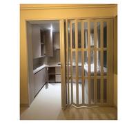 Porte pliante accordéon en PVC blanc personnalisable avec poignée et verre acrylique, hauteur 200-240 cm, sans rail inférieur, kit de matériel complet inclus, idéal pour les intérieurs de cuisine.