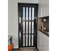 Porte pliante accordéon noire avec fenêtre en grille et poignée en accordéon en PVC pour cuisine et salle de bain - Paravent magnétique de séparation de pièce (89 x 203 cm)