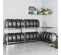 Porte-pneus à 2 niveaux en acier galvanisé argenté 110x40x110 cm capacité 300 kg rangement garage modulable ajustable pour pneus et outils atelier stockage