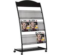 Porte-revues portable avec roulettes - Présentoir mobile en acier pour brochures et catalogues - Noir