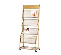 Porte-revues, pour Livres, brochures, Magazines, j Porte-revues sur Pied, Porte-journaux à roulettes en Fer à 4 Couches, présentoir de brochures for l'affichage de brochures ou de Documents(Gold)