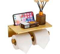 Porte-rouleau de papier toilette double avec étagère, distributeur mural en acier inoxydable pour salle de bain (doré)