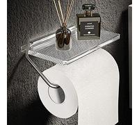 Porte-rouleau de papier toilette en alliage d'aluminium - Plateau acrylique - Accessoires de salle de bain - À suspendre au mur - Sans perforation - Argenté