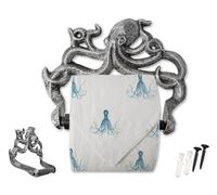 Porte-rouleau de papier hygiénique décoratif Octopus en fonte-Décor mural Octopus pour salle de bain -Accessoires de salle de bain -Facile à installer avec vis et ancrages inclus- argent avec noir