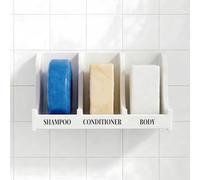 Porte-savon à 3 compartiments pour mur de douche, porte-savon auto-drainant pour shampooing douche, après-shampoing et savon corporel, autocollant ultra fort et autonome (blanc, étiquette)