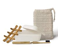 Porte-Savon EDARTO® en Bois de Bambou Naturel avec égouttoir et Couvercle en Fibre de Bambou + Brosse à Dents en Bambou + Sac en sisal 100% Naturel pour Gommage corporel