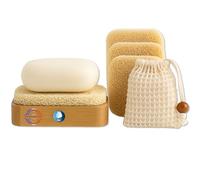 Porte Savon en Bois de Bambou Naturel | JaMoonLBV JmL® Marque Française | 1 Porte-Savon + 4 Supports en Vinyle + 2 Étuis Sac à Savon Sisal | Support Écologique pour Salle de Bain, Douche et Cuisine