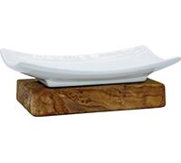 Porte-savon en porcelaine sur socle en bois d'olivier