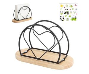 porte serviette de table en forme de cœur avec socle en bois, distributeur de serviettes avec autocollant décoratif panda bambou, 15,5 x 6,6 x 9,9 cm, organiseur sûr pour cuisine bar restaurant (noir)