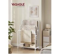 Porte Serviette Salle de Bain, sur Pied, 3 Barres, 70 x 30 x 100 cm, 2 Crochets, Blanc Mat et Beige Naturel