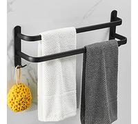 Porte-serviettes autocollant en aluminium noir avec 2 crochets sans perçage 60 cm - Idéal pour salle de bain, chambre à coucher, cuisine - Peu encombrant et élégant