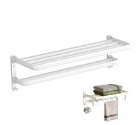 Porte-serviettes avec étagère | Cintre de rangement pour serviettes double couche sans perforation | Organisation de salle de bain adhésive en aluminium pour gants de toilette, boules de bain et autre