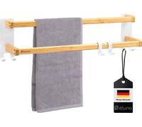porte-serviettes eluno avec 2 barres porte-serviettes et 6 crochets - barre porte-serviettes autocollante, en métal blanc et bambou