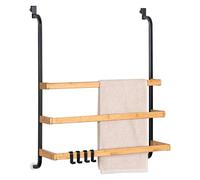 Porte-Serviettes eluno pour la paroi de Douche en Verre en métal et Bambou, Porte-Serviettes avec 3 Barres Porte-Serviettes, 4 Crochets Pratiques, à accrocher sans percer (Noir)