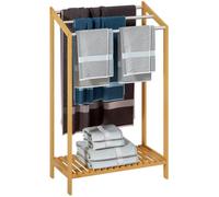 Porte-Serviettes en Bambou sur Pied avec 3 Barres en Acier Inoxydable Étagère de Rangement Salle de Bain