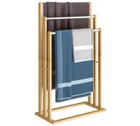 Porte-Serviettes en Bambou sur Pied avec 3 Barres Support pour Serviettes Étagère de Salle de Bain