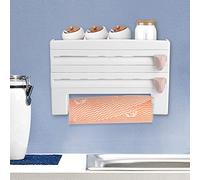 Porte-serviettes en papier, serviettes en papier multifonctions, montage mural, support de coupe 4 en 1, support de stockage de bouteilles de sauce de cuisine, distributeur de film alimentaire(Blanc)