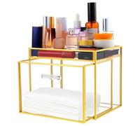 Porte-serviettes jetables pour le visage - Porte-serviettes de nettoyage en verre de qualité supérieure XL avec cadre doré, double boîte de rangement pour salle de bain, comptoir de vanité, soins de