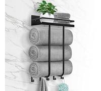 Porte-Serviettes Mural avec étagère en métal et 5 Crochets pour Petite Salle de Bain, Rangement de Serviettes de Bain pour Serviettes enroulées, Noir