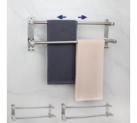 Porte-serviettes mural rétractable 50-90 cm en acier inoxydable brillant perforé Porte-serviettes de bain à deux bras avec crochets Montage mural pour salle de bain, cuisine, toilettes (2 niveaux)