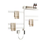 Porte-Serviettes Pivotant avec Plateau Supérieur, Sèche-Serviettes Rotatif, Support De Séchage Mural, Chauffe-Serviettes en Acier Inoxydable 5 Barres avec Minuterie Intégrée,Blanc