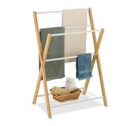 Relaxdays Porte-Serviettes, 4 Barres, étagère, Bambou et Fer, pour la Salle de Bain ou la Cuisine, Nature et Blanc
