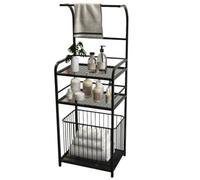 Porte-Serviettes sur Pied avec étagère de Rangement à 2 Niveaux et Panier à Linge Porte-Serviettes en métal pour Salle de Bain Porte-Serviettes autoportant (Noir)