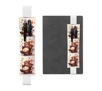 Porte-stylo en cuir blanc BROLEO Petit ours marron jouant de la batterie Bande élastique réglable 21,1-4,6 cm Convient à la plupart des ordinateurs portables agendas