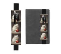 Porte-stylo en cuir noir avec inscription « BROLEO Little White Cat Eating Apple » - Bande élastique réglable de 21,1 à 4,6 cm - Convient à la plupart des carnets et agendas