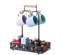 Porte-tasses à café pour comptoir, arbre à tasses et porte-tasses avec panier de rangement, organiseur 2 en 1 pouvant contenir 4 grandes tasses, porte-tasses de cuisine pour accessoires de café