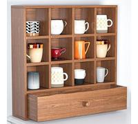 Porte-Tasses en Noyer avec tiroir, 12 Compartiments, idéal pour la Maison, Le Bureau, Le Plan de Travail de la Cuisine, Le Coin café ou Le Bar. Tiroirs en Noyer.