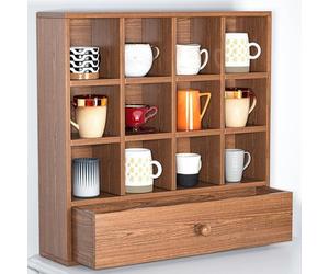 Porte-Tasses en Noyer avec tiroir, 12 Compartiments, idéal pour la Maison, Le Bureau, Le Plan de Travail de la Cuisine, Le Coin café ou Le Bar. Tiroirs en Noyer.