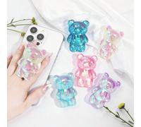 Porte-téléphone à coussin d'air ours iridescent de dessin animé mignon, support de téléphone extensible et souple, prise de téléphone à paillettes transparente en forme d'ours, convient à tous les étu