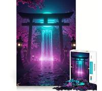 Porte Torii Japonaise néon avec Cascade Puzzle de 1000 pièces pour Adultes Jeu de logique Solide et apaisant Bords Nets Cadeau Artistique (38x52cm)