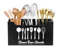 Porte-ustensiles de cuisine en bois - Grand organiseur d'ustensiles avec 3 compartiments - Organiseur d'ustensiles en bois avec fond égouttoir - 31,8 x 17 x 11,8 cm - Étagère de rangement pour bureau