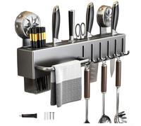 Porte-ustensiles de cuisine mural avec crochets, seau à baguettes et fentes réglables pour un rangement simplifié et une réduction de l'encombrement dans les petites cuisines et appartements (gris 40