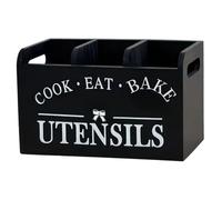 Porte-ustensiles de cuisine, porte-ustensiles Noire en bois avec 3 compartiments, organisateur de comptoir cuisine rustique avec poignée