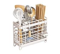 Porte ustensiles Porte-ustensiles de cuisine creux en métal avec 3 compartiments, supports de séchage d'ustensiles muraux/comptoir, porte-ustensiles blanc avec bac d'égouttage et crochets Support pour