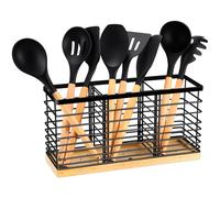 Porte-ustensiles pour comptoir de cuisine - Organiseur à 3 compartiments avec base en bois, finition noire mate, style ferme, spatule de 34 x 11 x 17,4 cm et panier à outils de cuisine pour des