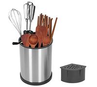 Porte-ustensiles Rotatif en Acier Inoxydable, Rotation Porte Couvert Pot Ustensiles Cuisine Panier à Ustensiles à 3 Compartiments avec égouttoir Amovible pour Comptoir de Cuisine - 18.5x14cm