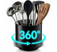 Porte-ustensiles cuisine rotatif extra large et robuste avec base lestée anti-glissement, séparateur amovible et insert préhensible - passe au lave-vaisselle noir - pot ustensiles de cuisine