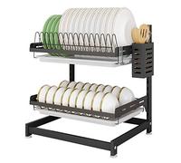 Porte-vaisselle suspendu Junyuan - Support mural à 2 étages - Avec bac de vidange - Acier inoxydable - Revêtement noir 2 tier standing noir