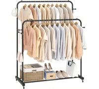 Porte-vêtements autoportant à double tringle mobile, cadre métallique renforcé, avec plateau de rangement inférieur et roulettes universelles, crochets latéraux intégrés. Convient pour organiser les m