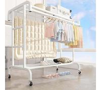 Porte-vêtements double multifonction avec roulettes, porte-manteau 4 en 1 avec 2 étagères, nizer à chaussures, cintre en métal pour chambre à coucher, blanc, 80 cm